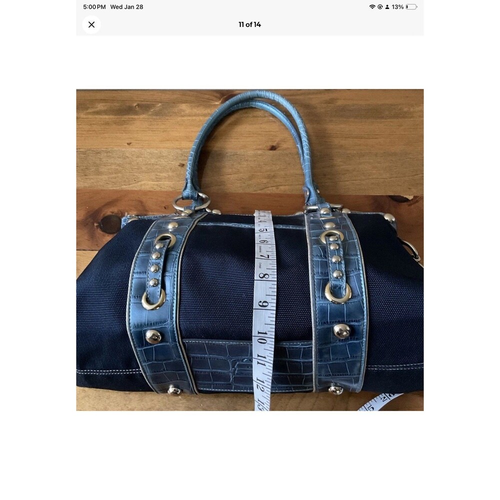Kathy Van Zeeland Blue Denim & Faux Leather Satchel Bag/Purse Grommets/Studs - Picture 9 of 12
